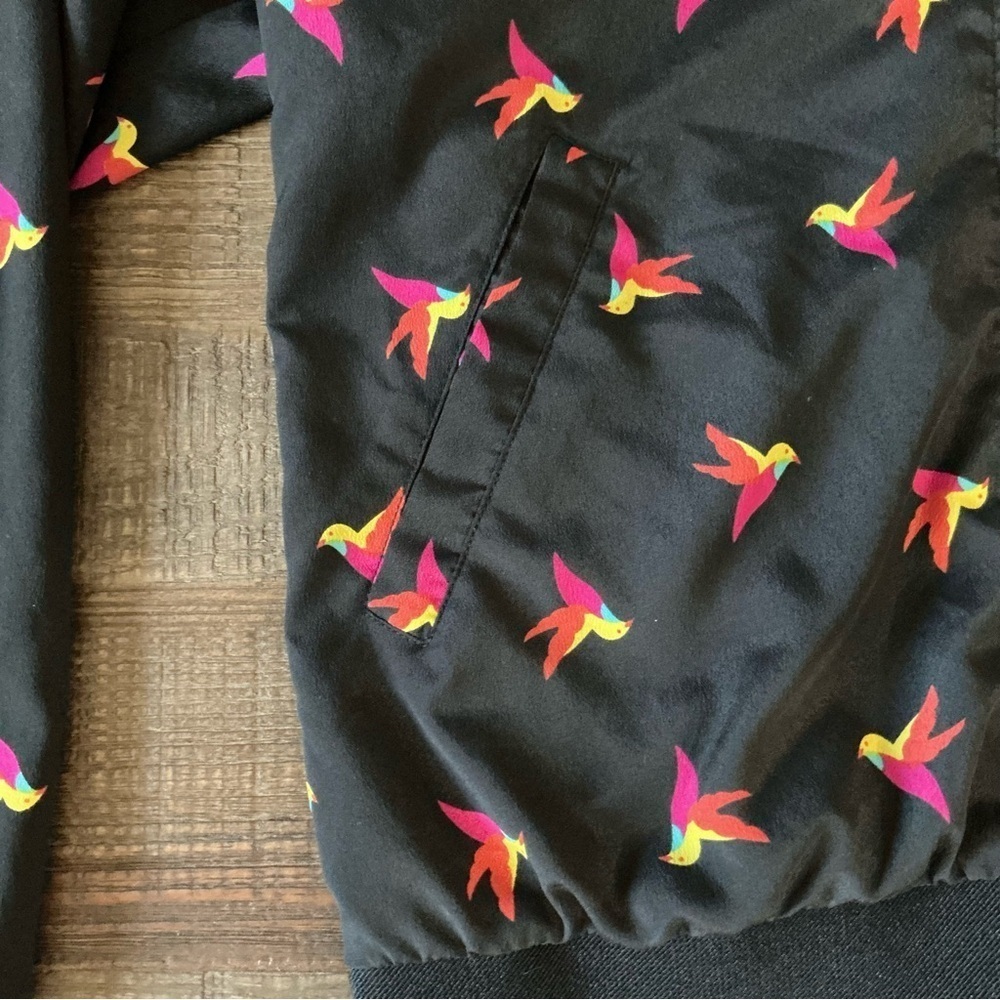 Bellatrix Colorful Hummingbird Print Black Bomber Jacket Zip Up - Picture 3 of 5